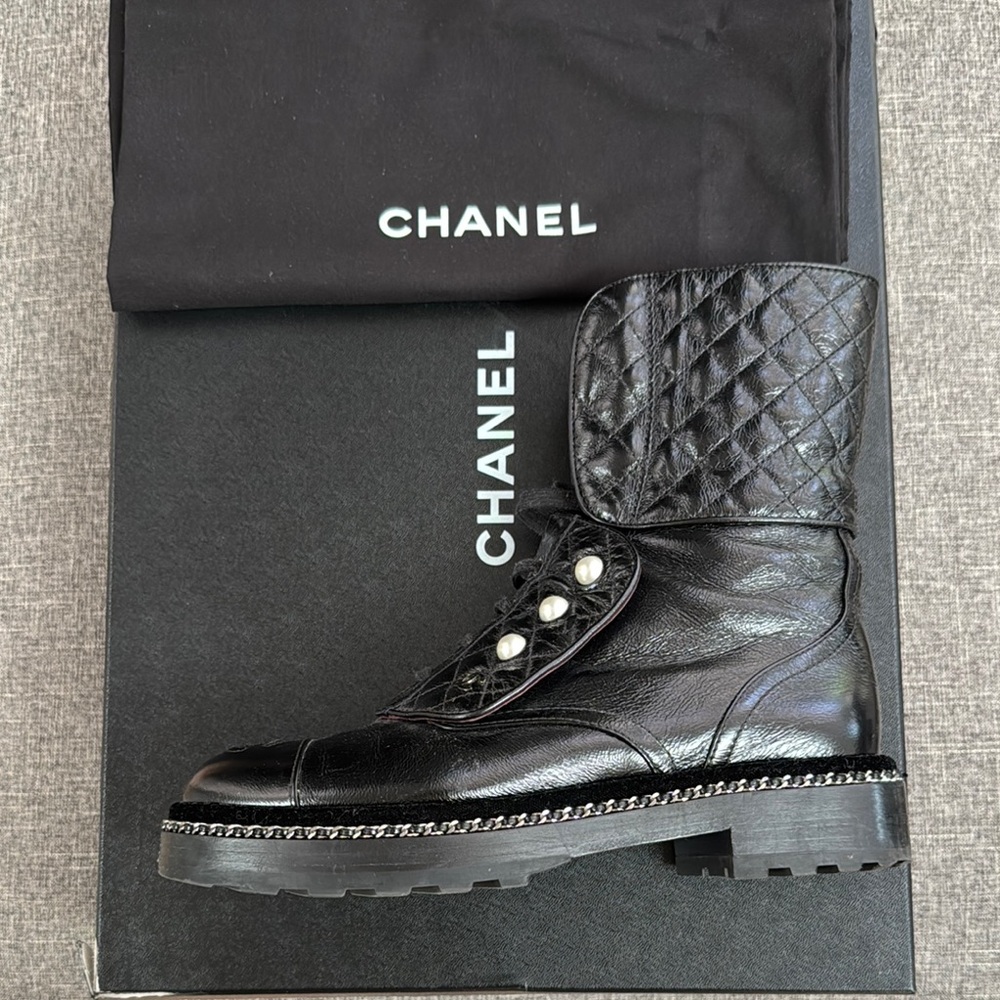 Chanel Black Leather Combat Boots with Pearl Accents size 39